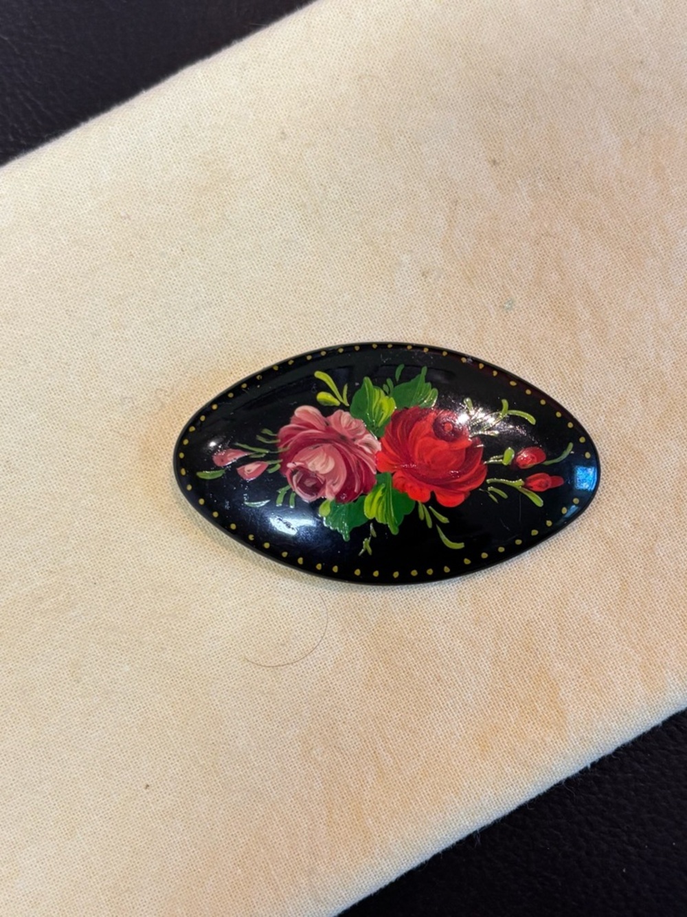 Handmade Tole Painted Floral Oval Brooch - Black with Red & Pink Roses